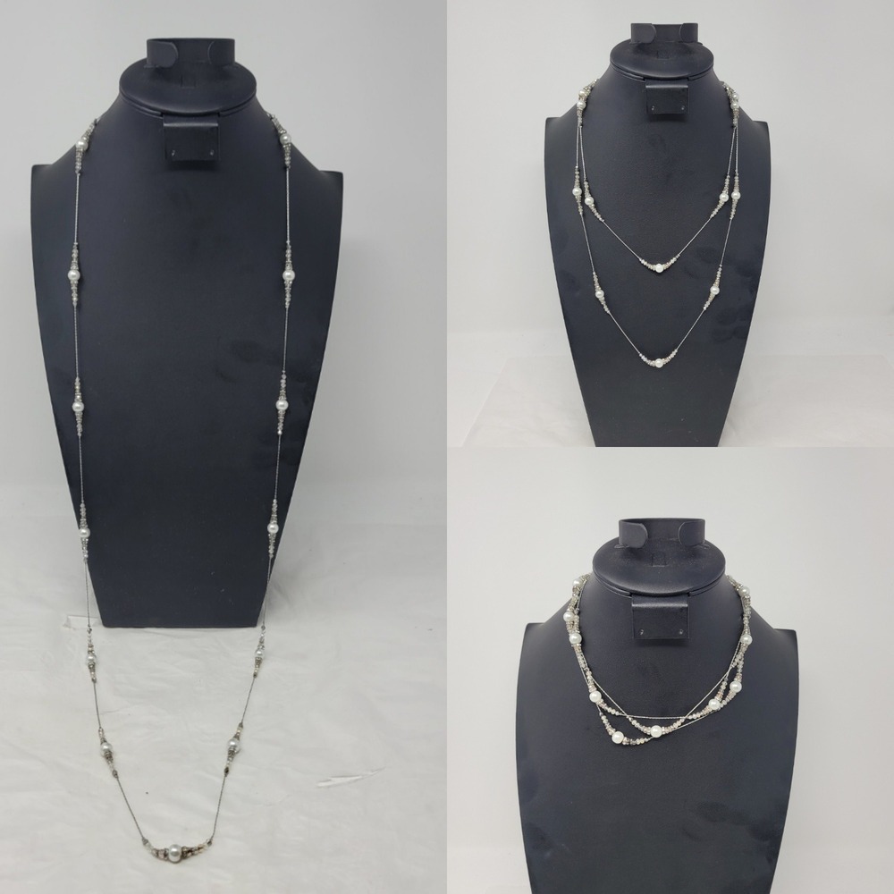 Vtg Signed Ali-Khan Silver Tone Faux Pearl Crystal Long Station Necklace 48"‎